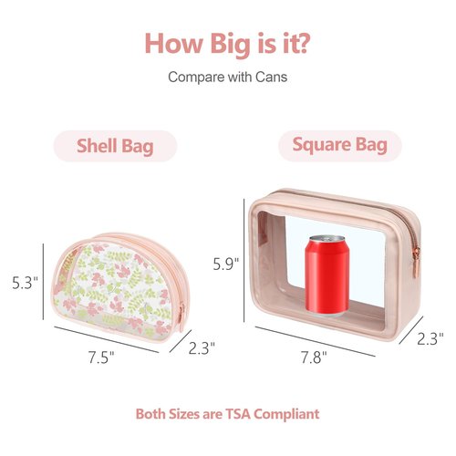 PACKISM TSA Approved Toiletry Bag - Pink Floral Print Clear Shell Bag and Upgrade Color-Edged Clear Travel Bag, Perfect for On the Go or Travel, Lightweight and Robust, 2 Pack