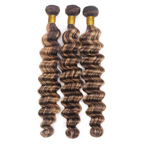 Ombre Bundles Human Hair 4/27 Deep Wave Human Hair Bundles 12 12 12 Inch Highlight Honey Blonde Bundle Double Weft Salon Quality Brazilian Virgin Remy Hair Extensions 300g