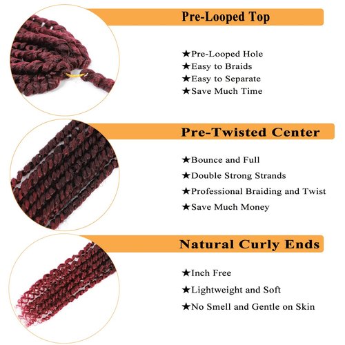 Passion Twist Hair 24 Inch 7Packs Red Ombre Burgundy Long Pre-twisted Passion Twist Crochet Hair Pre-looped Crochet Hair for Black Women (7Packs,Tbug)