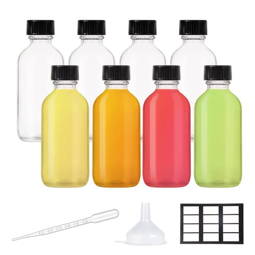 8 Pack, 2 oz Small Clear Glass Bottles with Lid and Funnels - 60ml Boston Shot Bottles With Caps, Immunity, Potion, Wellness, Sample, Ginger, Juice - Mini Personal Care & Beauty Travel Bottle