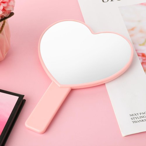 Dimeho Heart-Shaped Travel Handheld Mirror, Heart-Shaped Makeup Hand Mirror with Handle, Portable Cosmetic Mirror for Women (Pink)