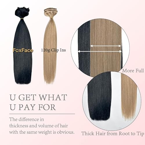 FoxFace Clip in Hair Extensions Real Human Hair, Thick Extensions from Root to Tip, Natural Hair Clip Ins, Jet Black, 22 Inch 120g 7Pcs