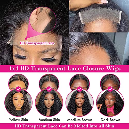 FIRIEYA Deep Wave Lace Front Wigs Human Hair Wigs for Black Women 180% Density 4X4 HD Transparent Lace Closure Human Hair Wigs for Black Women Glueless with Baby Hair Natural Color(26 Inch)