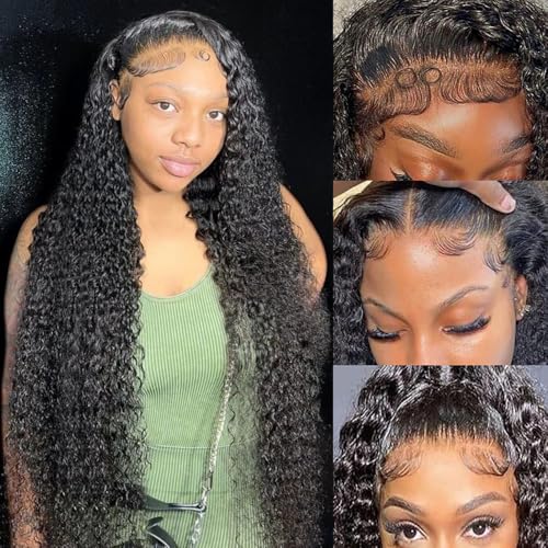 JTMMP 28 Inch 13x6 Deep Wave Lace Front Wigs Human Hair HD Full Lace Frontal Wigs Pre Plucked Bleached Knots 200% Density Deep Curly Human Hair Wig Natural Color