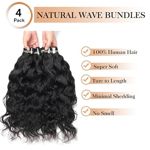 8A Human Hair Bundles 16 18 20 22 Inches Natural Wave 4 Bundles Human Hair 100% Unprocessed Brazilian Virgin Natural Wave Bundles Deals Human Hair Extensions