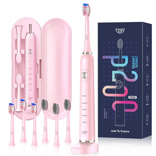 JTF Sonic Electric Toothbrush - with Travel Case and 6 Brush Heads, Fast Charging toothbrushes for 60 Days Long Lasting, 5 Modes Power Toothbrush for Women, Pink