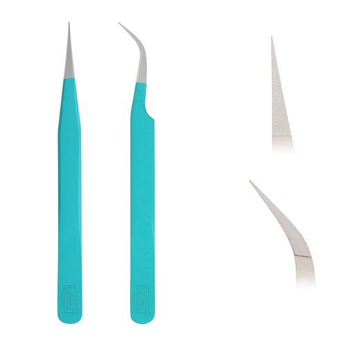 HADIZ Fiber Tip Eyelash Extension Tweezers Volume Lash Tweezer Staright & Curved Pack of Two (turquise)