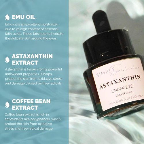 Astaxanthin Under Eye Serum with EMU oil - 0.67 fl. oz./ 20 mL | Emu oil serum | Powerful antioxidant astaxanthin | Sea Buckthorn, Squalane, Aloe Vera, Coffee |Preservative free | 100% Natural