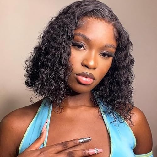 Deep Wave Bob Wig Human Hair Glueless 13x6 Lace Front Wigs Human Hair Wigs for Black Women Pre Plucked 200 Density HD Short Curly Lace Frontal Wig Natural Black 16 Inch