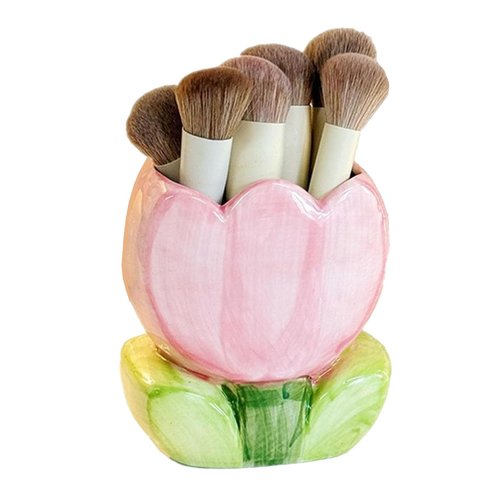 ZHU YU CHUN 1 PC Ceramic Tulip Make up Brush Holder Flower Toothbrush Holder Cosmetic Storage Box Pen and Pencil Holder Desktop Organizers (Pink)