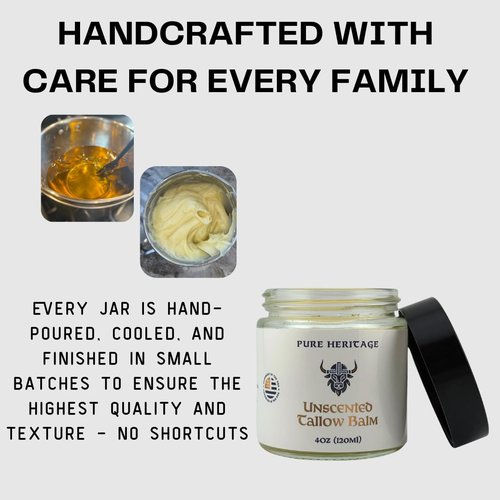 Pure Heritage Handmade Tallow Balm – Unscented Grass-Fed & Finished Moisturizer & Healing Cream | Natural Care for Sensitive Skin, Eczema, Rosacea, Babies, Men & Women (2oz)