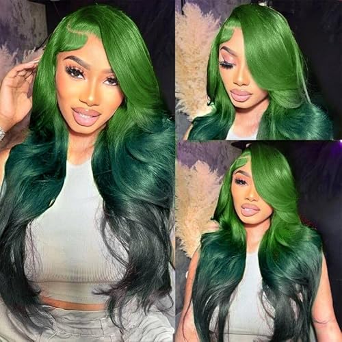 13x4 Ombre Green Lace Front Wig Human Hair Body Wave Glueless HD Lace Front Wigs 3 Tone Light Green to Dark Green Colored for Fashion Women 180% Density 22 Inch