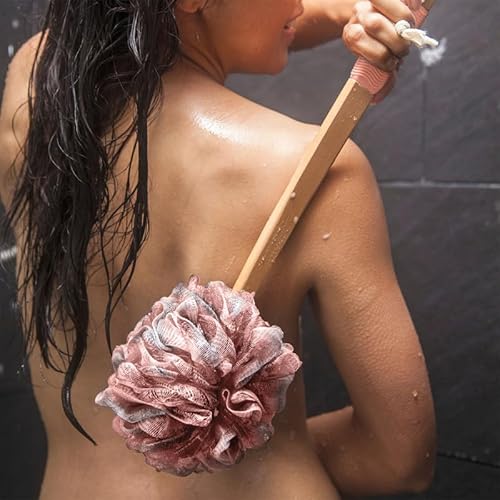 Loofah Back Scrubber for Shower | Bamboo Charcoal Fiber Infused | Loufas for Men & Women | Includes 1 Long Handled Shower Sponge, 1 Bath & Shower Luffa Pouf & 1 Hook to Hang Stuff (Rose Pink)