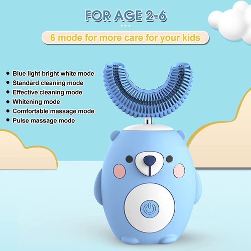 GASLIKE Kids Toothbrush Electric, U Shaped Ultrasonic Automatic Toothbrush with 2 Brush Heads, Six Cleaning Modes, Cartoon Modeling Design for Kids, Special for Birthday Gift (Blue, 2-7Age)