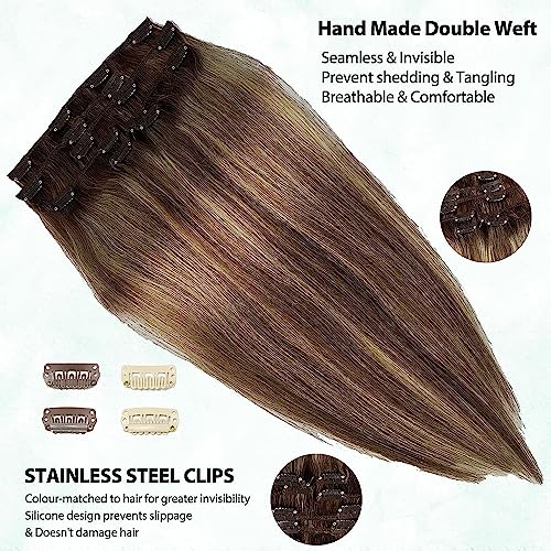 Human Hair Clip in Extensions Brown to Blonde Balayage Clip ins Extensions Remy Human Hair 16 Inch Clip on Extension Bleach Blonde Highlights Hair Extensions for Women Clip in 7Pcs 70g