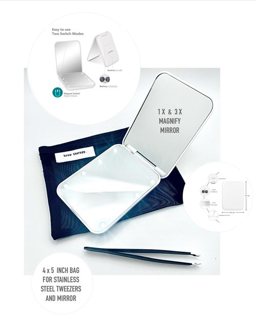 Brow Therapy LED Lighted Compact Mirror & Tweezer Set – 1x/3x Magnification, Battery Operated, Bright Light – Stainless Steel Slant Tip Tweezer with Travel-Size 4x5 Mesh Zipper Bag