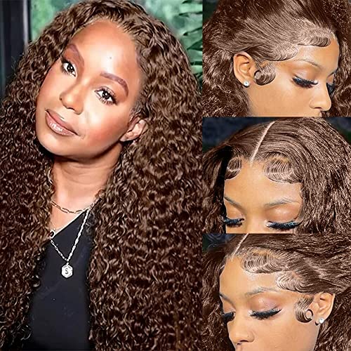 250% Density Mongolian Curly Lace Front Wigs Human Hair 13x6 Auburn Brown HD Transparent Lace Front Wigs Human Hair for Women With Baby Hair Chocolate Deep Curly Lace Frontal Wig