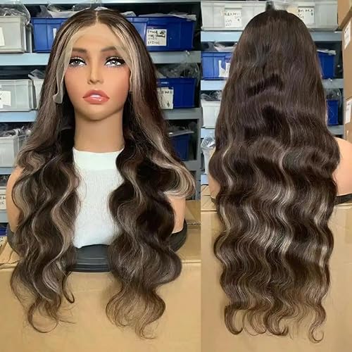Ash Blonde Highlight Wig Human Hair 13x6 Body Wave Lace Front Wigs Human Hair Pre Plucked 180% Density Highlight Ombre Colored Wigs Glueless Hd Transparent Lace Frontal Wig for Women 26 Inch