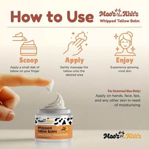 Moo's and Ahh's Whipped Tallow Balm - Beef Tallow for Skin with Organic Centella and Olive Squalane | Grass-Fed Beef Tallow Face & Body Moisturizer for Dry Skin (2 Oz, Manuka Honey + Marigold Flower)