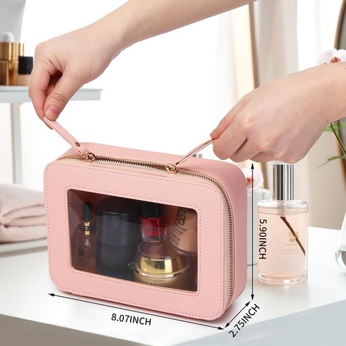 Pinkmik Clear Makeup Bag Transparent Travel Case for Cosmetics and Toiletries Women's Brush Bag and Clear Car Bag with Zipper (Pink, M+)