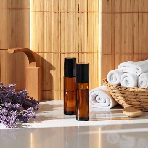 Jizlan 4 Pack 10ml Oil Essential Stainless Roller Bottles, Refillable Amber Glass Roller Bottles for Travel, Perfume and Lip Gloss with Steel Roller Balls and Caps