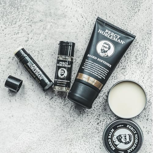 Percy Nobleman Beard Survival Kit, a Beard Grooming Kit containing a scented beard oil, beard balm, moustache wax, and a beard softener