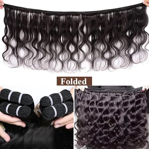 Human Hair Extensions - Body Wave Bundles, 100% Unprocessed Brazilian Virgin Hair, 3 Bundles, Wavy, Black, Sew-In Installation, 26-30 Inch