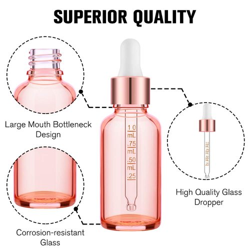 PrettyCare Glass Eye Dropper Bottles 24 Pack, 1oz (30ml) Rose Empty Thick Bottles Bulk with Leakproof Caps - With Labels & Funnels for Storage, Travel, Essential Oils, Cuticle Oils, Tinctures