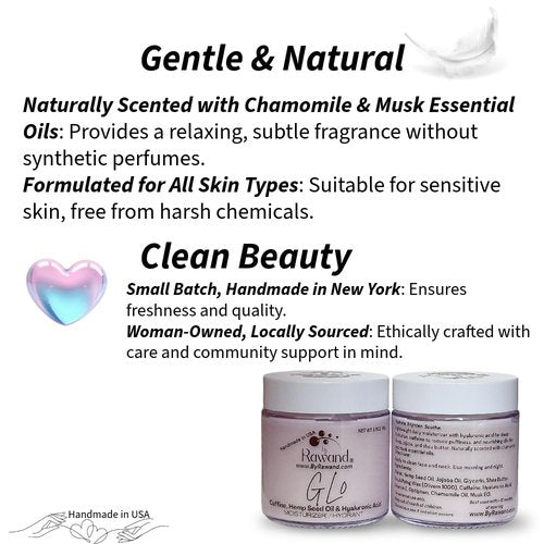 ByRawand Gl0 All Natural Caffine Face Cream & Moisturizer Reduce Eye Puffiness and Pigmentation with Caffeine, Hemp Seed Oil and Hyaluronic Acid, Handmade in USA