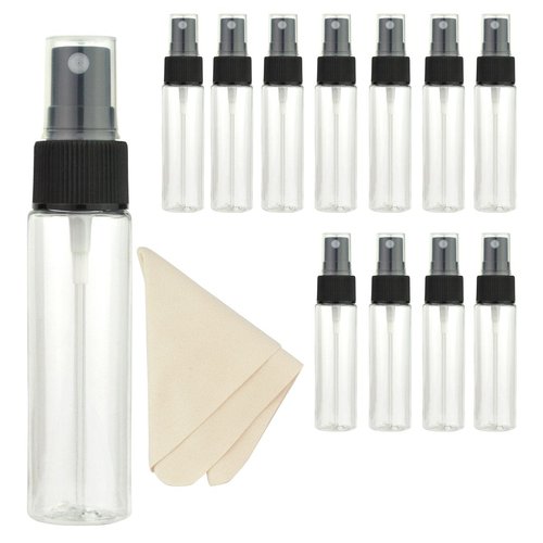 Jmkcoz Spray Bottles, 12 Pack 30ml 1oz Clear Empty Fine Mist Plastic Mini Travel Bottle Set Portable Refillable Liquid Containers for Cleaning Travel and 1 Pieces Microfiber Cleaning Cloth
