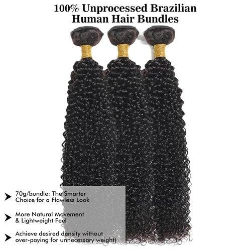 Kinky Curly Bundles Human Hair 14 16 18 Inch Human Hair Bundle 100% Unprocessed Brazilian Virgin Hair 3 Bundles for Black Women Weave Extensions Natural Black