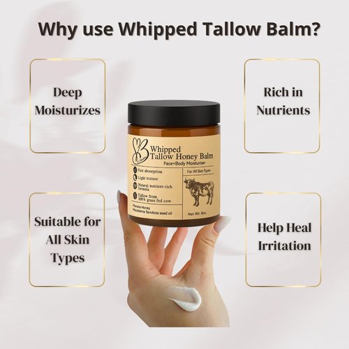 B.Chartier Beef Tallow for Skin- Tallow Balm for face- Tallow Face Moisturizer - Beef Tallow Moisturizer- Tallow and Honey Balm - Grass Fed Beef Tallow For Skin - Tallow Face Cream Lotion (8.0 oz)