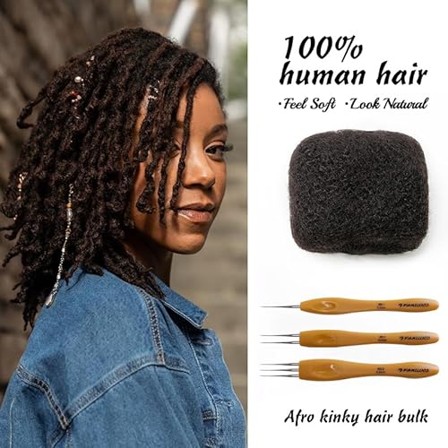 Tight Afro Kinky Bulk 100 £¥ Human Hair for Draedlock Extensions, Repair Locs, Twists and Braids (16 Inch, Natural Black, 5 Bundles with Crochet Needle Set and Rat Tail Comb)