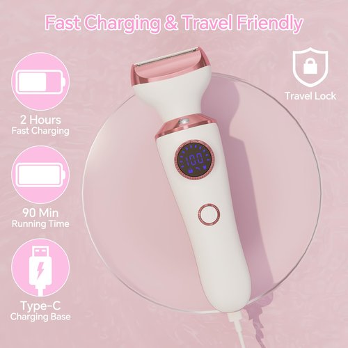 Electric Razor for Women, 4-in-1 Bikini Trimmer & Body Shaver for Face, Legs, Underarms, Pubic Hair, Rechargeable Wet/Dry Painless Hair Removal with LED Light & Travel Lock