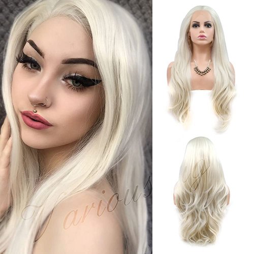 variouswig Platinum Blonde wavy lace front wig long natural platinum blonde heat resistant synthetic lace front wig for Woman cosplay 24inch