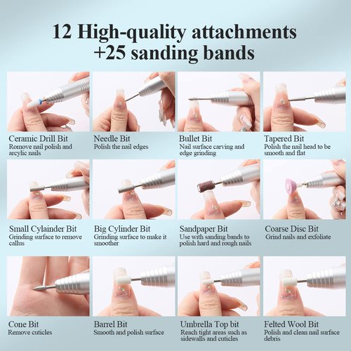 Electric Nail Drill Cordless, TOUCHBeauty Electric Nail File Machine Professional 12 in 1 for Acrylic Gel Nails, Manicure Pedicure Kit for Polishing Rechargeable (Silver)