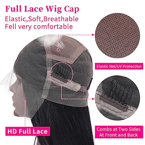 Straight Full Lace Wigs Human Hair 100% Hand-tied Full Scalp Lace Wigs for Black Women 180% Density(16inch, Natural Black)