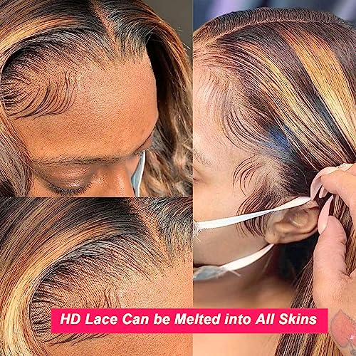 28 Inch Highlight Ombre Lace Front Wig Human Hair Pre Plucked 13x4 Colored 4/27 HD Lace Frontal Human Hair Wigs with Baby Hair 180% Density Honey Blonde Straight Lace Front Wigs Human Hair