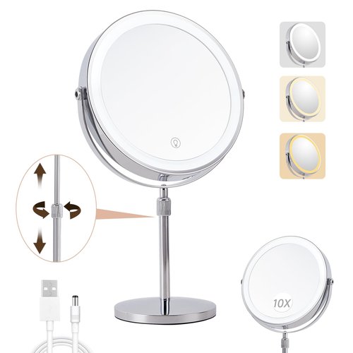 1X/10X Magnifying Makeup Mirror with Lights - 8" Dual-Sided Vanity Mirror with 3 Color Lights for Women's Travel Cosmetic Mirror & Gift | 3000 mAh-USB Rechargeable | 360° Rotation | Adjustable Height