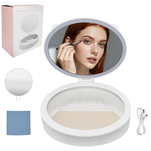 YNBXHJPP Makeup Mirror with Light, 4K high-Definition Touch Screen Travel Vanity Mirror with 3 Types of Lights, USB Charging, Detachable 3-inch 10x Magnifying Glass (White)