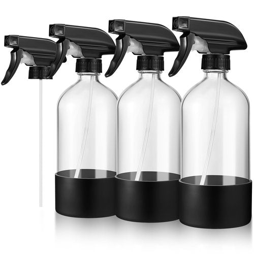 3 Pcs 16oz Empty Glass Spray Bottle with Black Silicone Sleeve Protection - Refillable Boston Round Containers with Adjustable Nozzle for Cleaning Solutions, Essential Oils, Misting Plants, Gardening