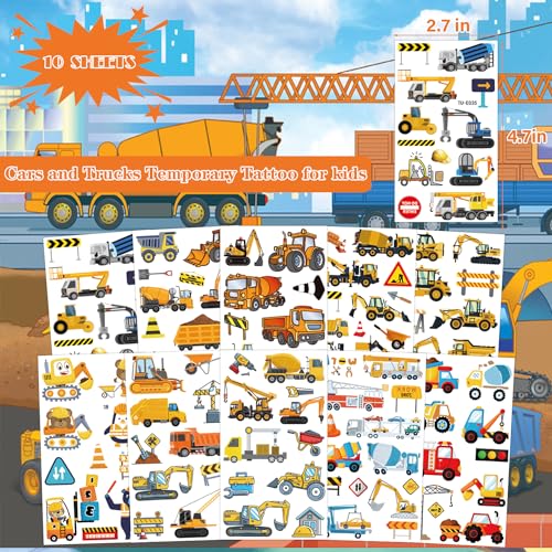 Cars and Trucks Temporary Tattoo for kids - 10 Sheets Cars Construction Tractor Temporary for Girls Boy Body Arm Shoulder Cute Tattoos Stickers, Birthday Party Supplies Gifts for Kids