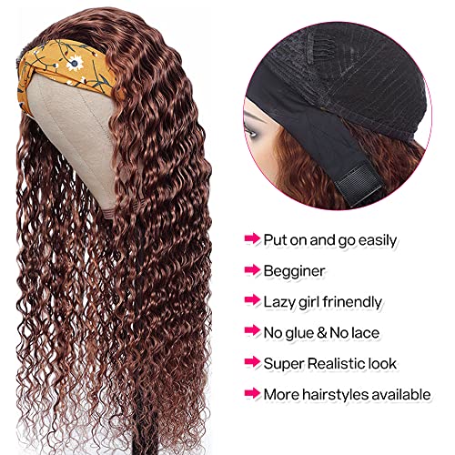 28 Inch #4 Chocolate Brown Headband Wig Human Hair 150% Density Grade 8A Unprocessed Brazilian Virgin Hairs Machine Made Brown Deep Wave Headband Wig Human Hair None Lace Front Wig