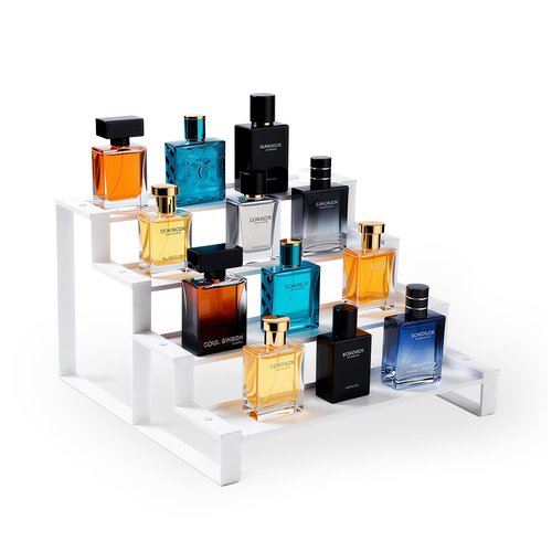 GOENDR Cologne Organizer for Men, 4 Tier All Metal Perfume Organizer Stand, Versatile Step Display Risers Shelf for Fragrance, Skincare, Figurine, Cupcake, Dessert, Spice, 1 Set White
