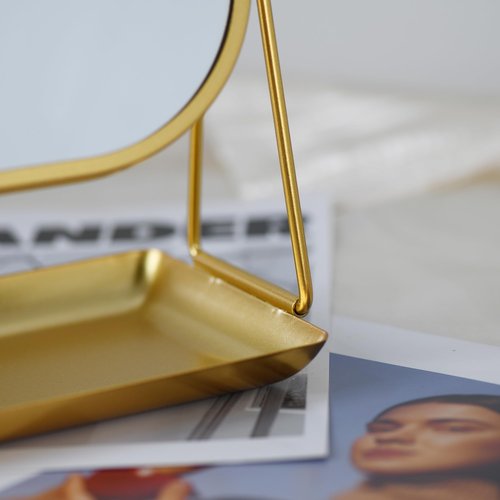 Tstarer 360 Degrees Rotating Metal Makeup Mirror with Storage, Vanity Mirror for Desk, Bathroom, Bedroom, Dressing Table (Gold)
