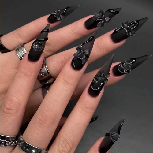 300 pcs 3D Nail Charms for Acrylic Nails Bows, Pearls, Hollowed Hearts, Ribbons, Five-Pointed Stars, Half-Pasted Pearl Flowers, Roses, Bowknots, and Stars Suitable Art, DIY Accessories, Crafts (Black)