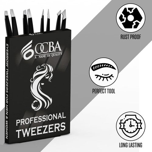 OCBA 4 Pcs Tweezers for Facial Hair Women & Men for Precise Grooming of Eyebrows - Professional Stainless Steel Black Color Coated Eyebrow Tweezers for Ingrown Hair on Nose Ear