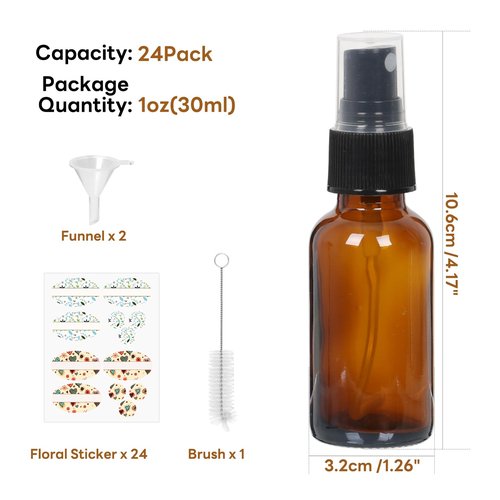 STARSIDE 24 Pack 1oz Amber Glass Spray Bottles with Fine Mist Sprayer,30 ml Glass Travel Bottles for Cosmetic Essential Oils Cleaning Solutions Perfumes & Liquids