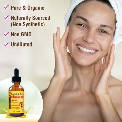Seven Minerals Ultra Pure Vitamin E Oil - Full-Spectrum D-Alpha Tocopherol per 4 Oz Bottle - 100% Organic Vitamin E Oil for Skin, Face, Hair and Scars - Naturally Occurring=Not Synthetic