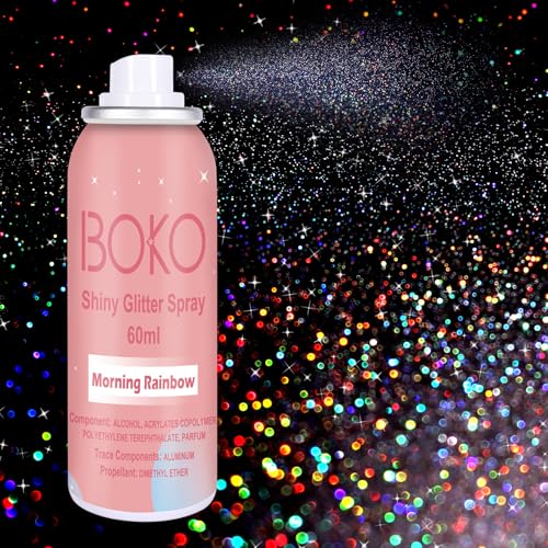 Boko Body Glitter Spray, 60ML Holographic Silver Glitter Spray for Body Hair Clothes, Quick-Drying and Long-Lasting Glitter Hairspray Body Shiny for Festival Music Concert Party Rave Accessories